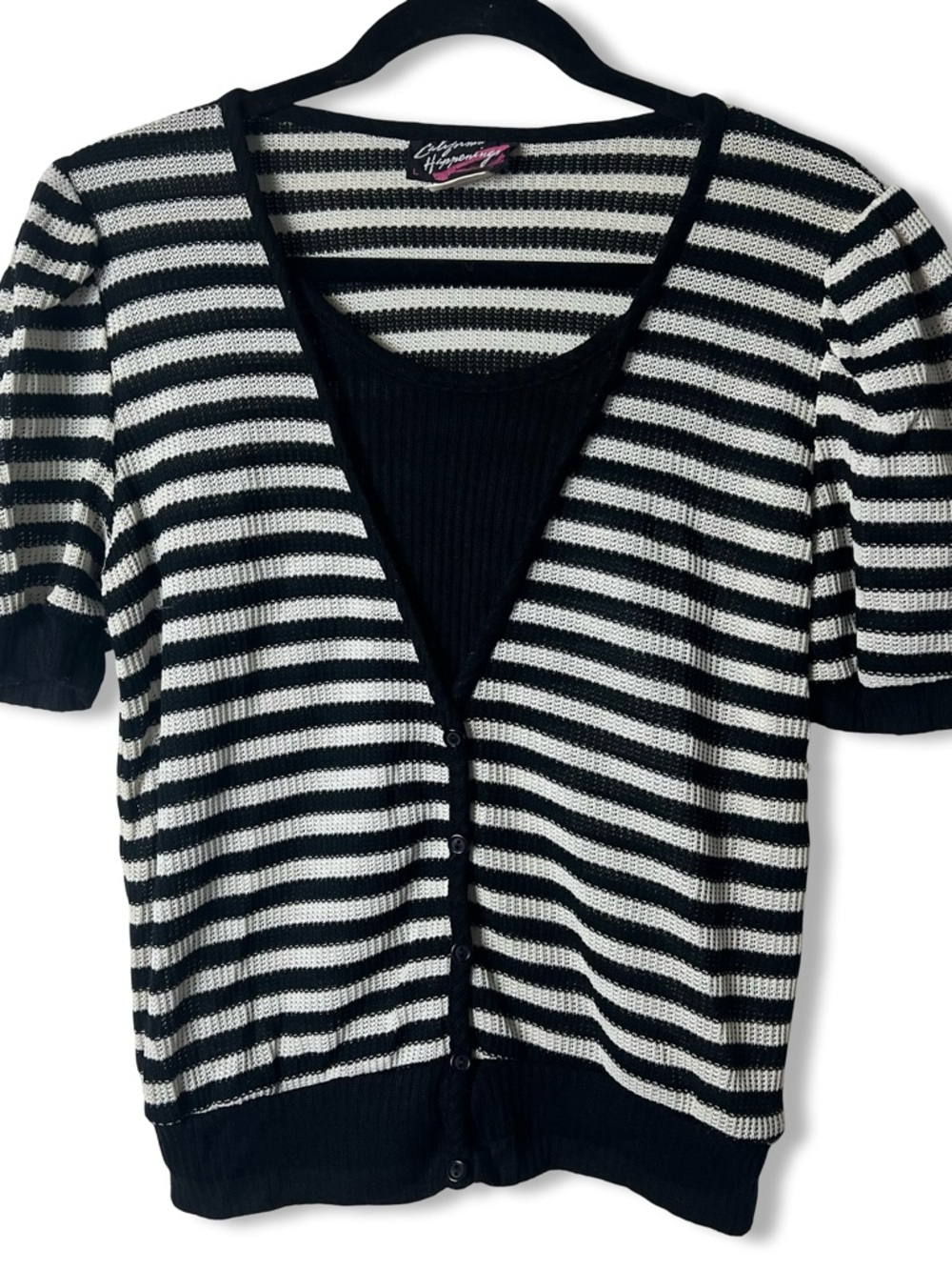 VTG 80s California‎ Happenings Striped Open Knit Puff Sleeve Cardigan Top Sz L